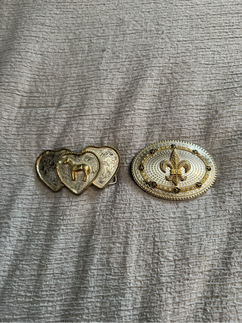 Gold and Silver Filigree Heart and Fleur-de-Lis Belt Buckles